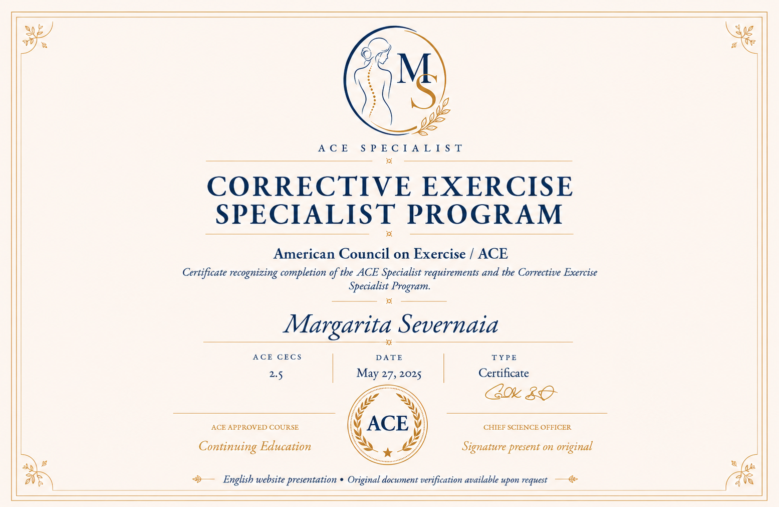 ACE Corrective Exercise Specialist Program certificate for Margarita Severnaia