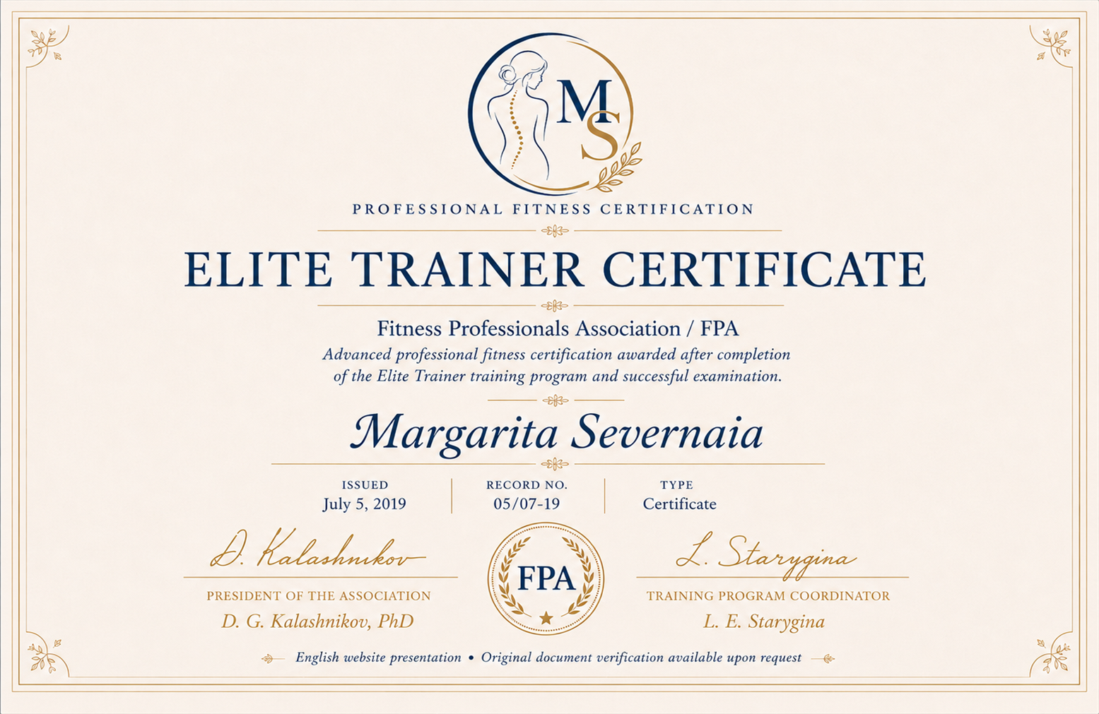 FPA Elite Trainer Certificate for Margarita Severnaia