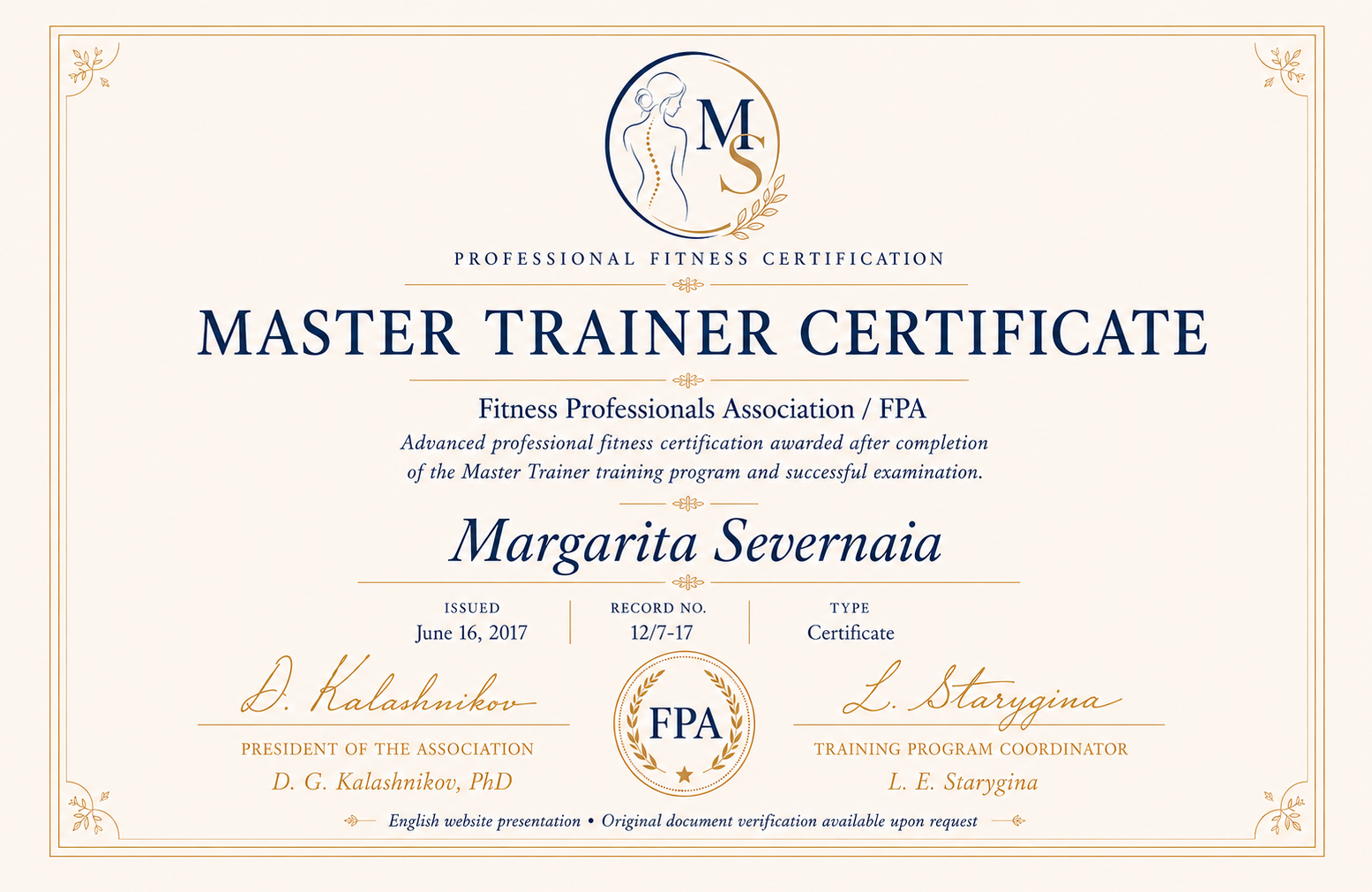 FPA Master Trainer Certificate for Margarita Severnaia