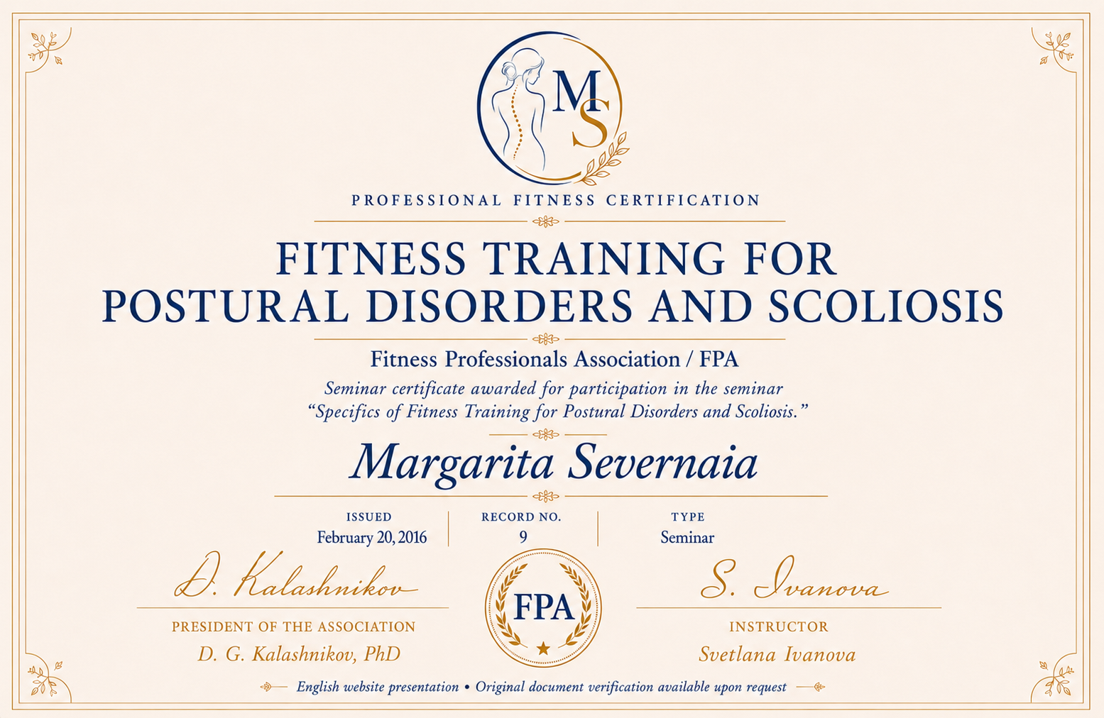 Fitness Training for Postural Disorders and Scoliosis seminar certificate for Margarita Severnaia