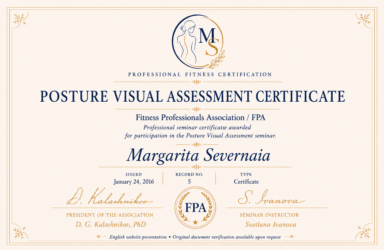 Posture Visual Assessment certificate for Margarita Severnaia