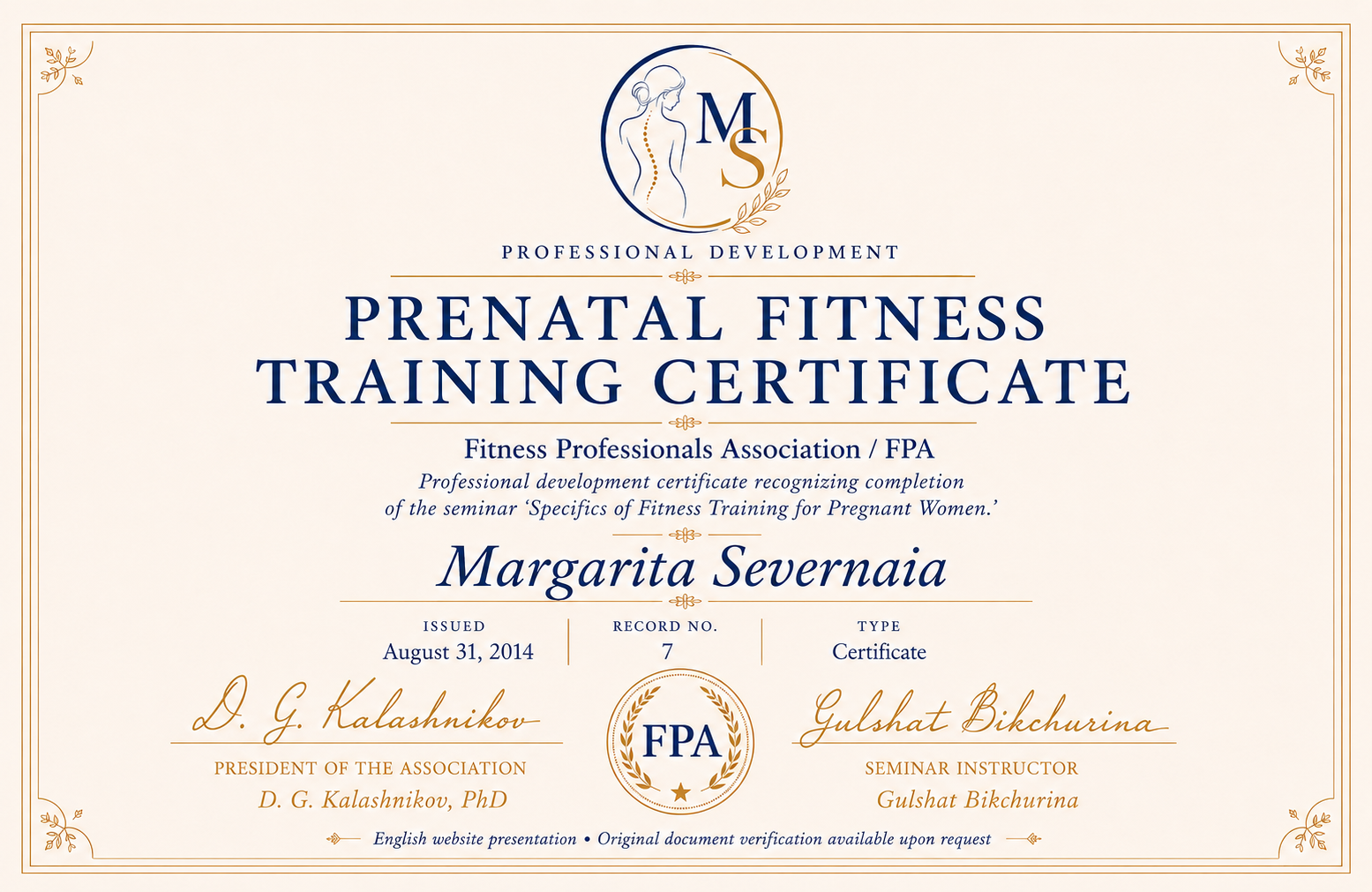 Prenatal Fitness Training certificate for Margarita Severnaia
