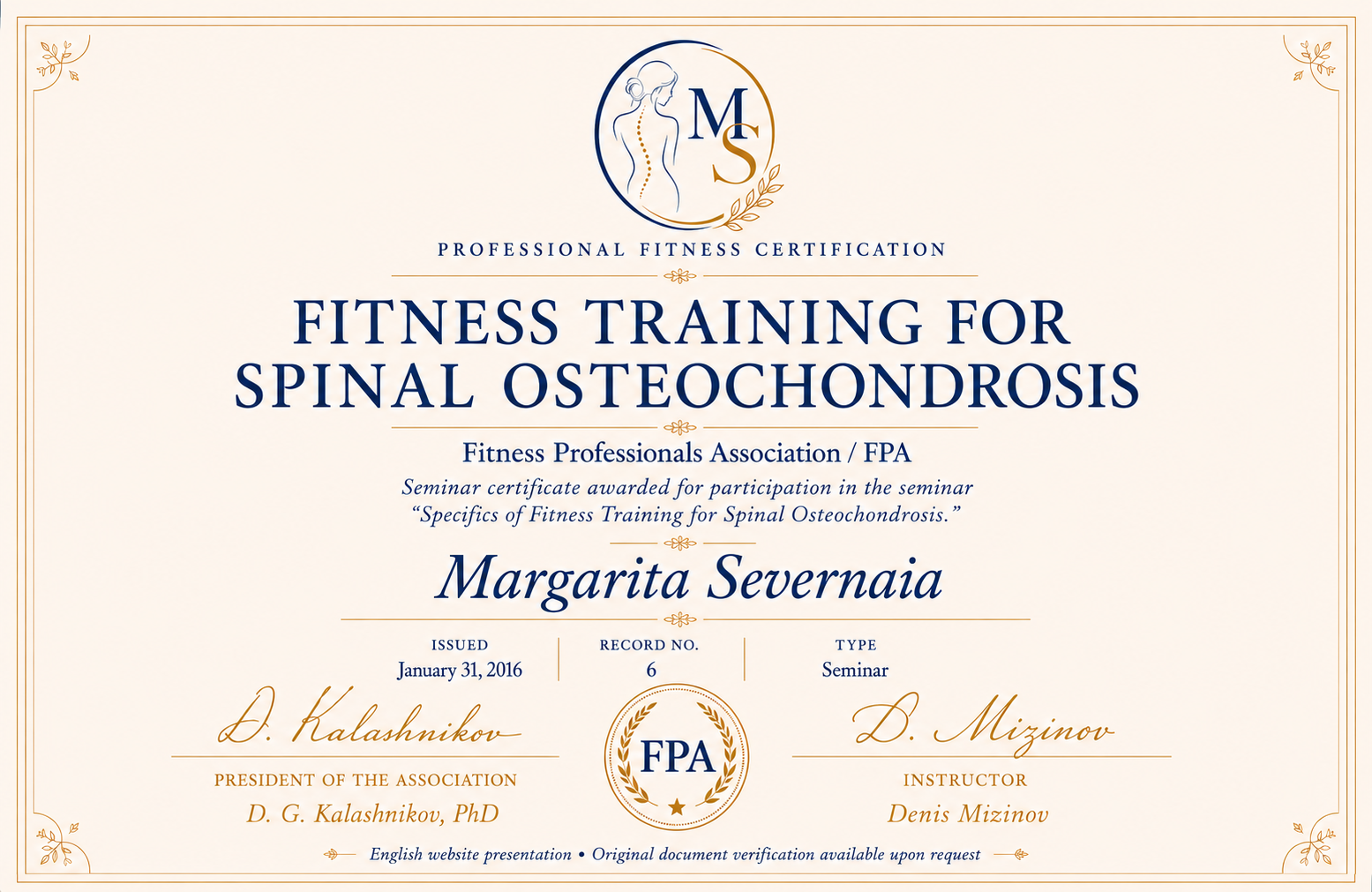 Fitness Training for Spinal Osteochondrosis seminar certificate for Margarita Severnaia